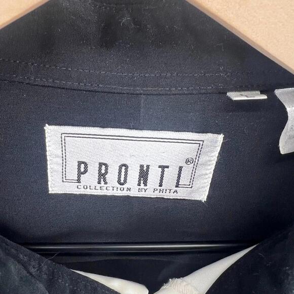 Pronti by Phita Mens L Button Down Shirt Black White Colorblock Embroidered EUC - Picture 2 of 10